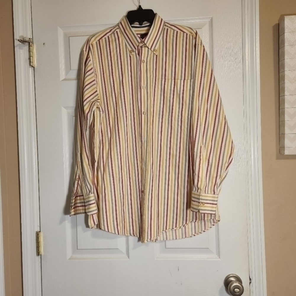 T.‎ Harris London Button Down Collared Striped Dress Shirt Burgundy Tan Yellow